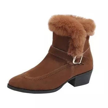 Зимние Новые Хлопковые Ботильоны на Блочном Каблуке Женская Мода Острый Носок Боковая Молния Замша Металлическая Пряжка Короткие Ботинки 36