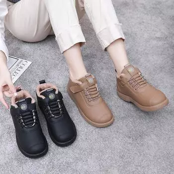 Зимние новые хлопковые туфли женские модные бархатные утолщенные зимние сапоги с плоским дном нескользящие водонепроницаемые кожаные туфли для мам 35 хаки