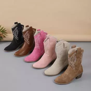 Зимние новые модные ковбойские сапоги в стиле вестерн женские туфли с острым носком на высоком каблуке женские ботинки челси с вышивкой 36 чёрный