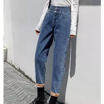 Зимние новые модные винтажные женские джинсы в корейском стиле с высокой талией, джинсовые брюки High Street Harajuku, свободные прямые брюки для отдыха XS