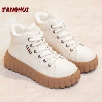 Зимние новые модные женские ботинки, плюшевые, на шнуровке, однотонные, большого размера, теплые и удобные, кроссовки на мягкой подошве Zapatillas 35