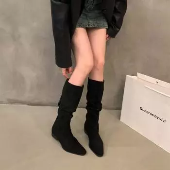 Зимние новые модные женские сапоги однотонные с острым носком на низком каблуке, замшевые, с квадратным каблуком, женские высокие модные сапоги 35