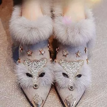 Зимние новые мягкие лисьи головы ленивые мохнатые туфли женские толстые с короткими сапогами 35