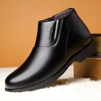 Зимние новые мужские деловые кожаные ботинки 2024 года, мужские высокие ботинки из флиса, теплые хлопковые кожаные ботинки для мужчин 311 38 чёрный