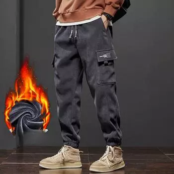 Зимние новые мужские флисовые вельветовые мягкие брюки-шаровары для карго, утолщенные, теплые, эластичные, свободные, для уличного бега, спортивные брюки для мужчин M чёрный