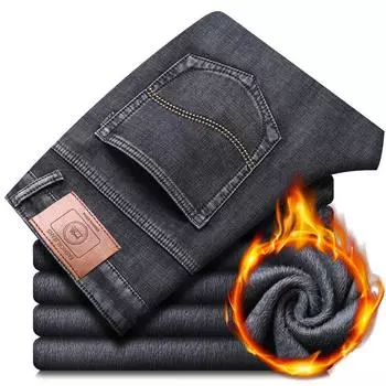 Зимние новые мужские облегающие джинсы с прямыми штанинами 2024 года с толстым флисом для тепла и повседневные эластичные длинные брюки 28