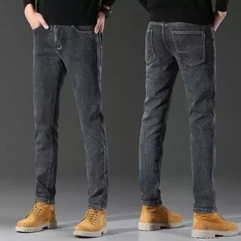 Зимние новые мужские облегающие джинсы с прямыми штанинами 2024 года с толстым флисом для тепла и повседневные эластичные длинные брюки 29