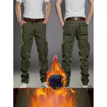 Зимние новые мужские плюшевые толстые рабочие брюки теплые хлопковые свободные прямые повседневные рабочие брюки с несколькими карманами 28 армия зеленый