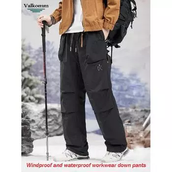 Зимние новые мужские рабочие брюки для улицы, устойчивые к холоду, очень холодные толстые прямые брюки на утином пуху, свободные ветрозащитные и водонепроницаемые брюки на пуху M чёрный