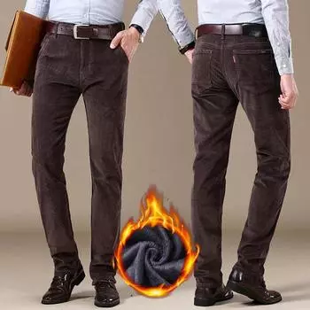Зимние новые мужские толстые и теплые эластичные полосатые бархатные брюки с вельветом, повседневные брюки с высокой талией, прямые свободные брюки 28 кофейный