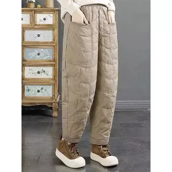 Зимние новые однотонные брюки из хлопка с нитками для мам, женские повседневные термоштаны M чёрный