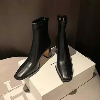 Зимние новые остроносые однотонные кожаные высокие каблуки с молнией сзади плюшевые удобные женские модные ботинки голые ботинки женские 35