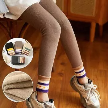 Зимние новые плюшевые леггинсы для девочек, детские леггинсы, колготки для девочек, утолщенные брюки, однотонные детские теплые узкие брюки M бежевый