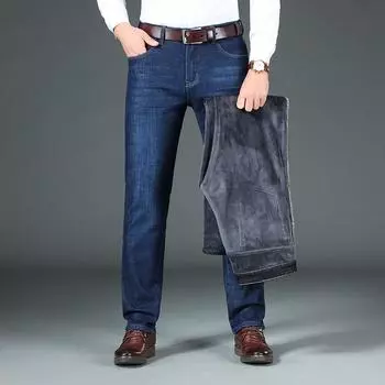 Зимние новые плюшевые толстые джинсы 2024 года, деловые свободные плюшевые теплые хлопковые брюки 28