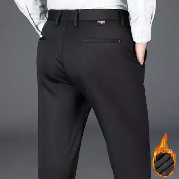 Зимние новые плюшевые толстые мужские повседневные брюки прямого кроя, деловые брюки, свободные и универсальные эластичные брюки 28 чёрный