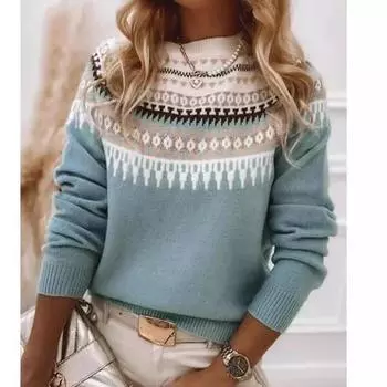 Зимние новые повседневные пуловеры с длинным рукавом и принтом, женские свитера с круглым вырезом, модные свободные вязаные свитера для женщин, элегантные винтажные мягкие теплые джемперы 25788 S морской синий