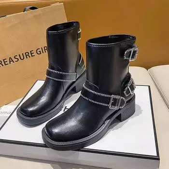 зимние новые ретро полированные высокие сапоги для женщин с круглыми головками и толстыми каблуками, универсальные ковбойские сапоги для рыцарей 35