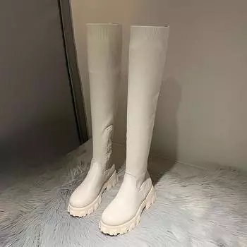 Зимние новые сапоги на толстом каблуке, женские модные сапоги с круглой толстой подошвой, с боковой молнией, сшитые из эластичной сетки 36 бежевый