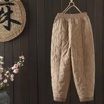 Зимние новые штаны на пуху средней и толстой толщины для сохранения тепла, надевайте белые штаны на пуху с девятью точками на улице, свободные штаны прилива M чёрный