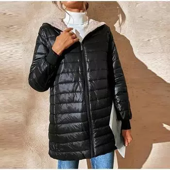 Зимние новые стеганые женские куртки свободные утолщенные пуховики на молнии с капюшоном повседневные высококачественные пальто S чёрный