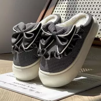 Зимние новые тапочки из хлопка с бантом для женщин, модные, клетчатые, плюс бархатные, теплые, с толстой подошвой, увеличивающие размер, нескользящие, хлопковые туфли 36-37 белый