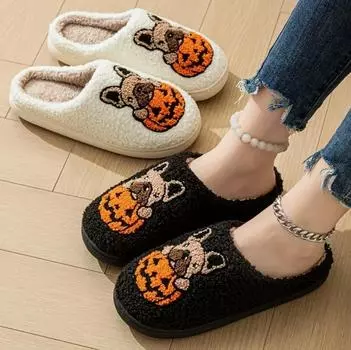 Зимние новые теплые домашние тапочки на Хэллоуин для дома и улицы из флиса, утолщенные, нескользящие, для пар, пушистые тапочки белый