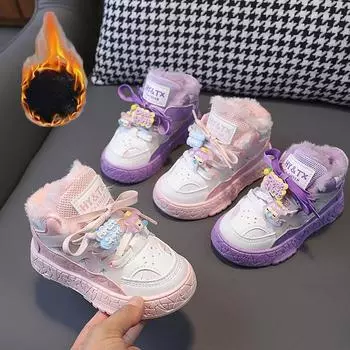 Зимние новые теплые хлопковые туфли 2024 года с плюшевыми и утолщенными зимними сапогами. Тренд детской обуви. 23 белый/розовый