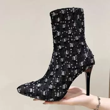 Зимние новые тонкие каблуки одинарные ботинки женские модные заостренные пайетки ткань боковая молния противоскользящие износостойкие короткие ботинки 35 чёрный