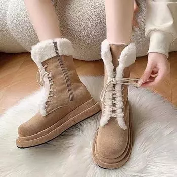 Зимние новые трендовые туфли на платформе и плоской подошве, повседневные короткие плюшевые ботинки, замшевые женские зимние ботинки до середины голени, модные теплые хлопковые ботинки для активного отдыха 35 хаки