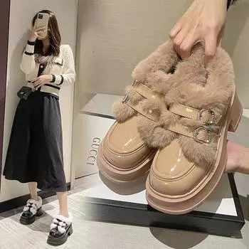 Зимние новые туфли Мэри Джейн на толстой подошве для женщин, теплые шерстяные хлопковые туфли в британском стиле с короткими ботинками 35 чёрный