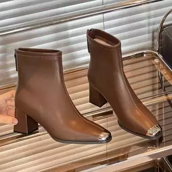 Зимние новые туфли на толстом каблуке, женские модные туфли с металлической квадратной головкой, удобные короткие ботинки с застежкой-молнией сзади 35 светло-коричневого