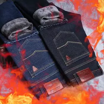 Зимние новые утепленные и подбитые мужские джинсы осенние и зимние модели прямые эластичные теплые модные мужские деловые брюки 28 синий