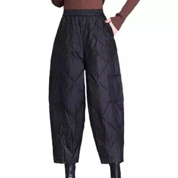 Зимние новые утолщенные женские модные теплые пуховые хлопковые брюки с высокой талией M белый