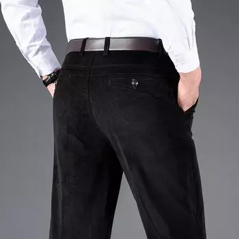 Зимние новые вельветовые мужские брюки 2024 года, плотные эластичные мужские повседневные брюки, свободные прямые брюки из бархата с высокой талией 29 хаки