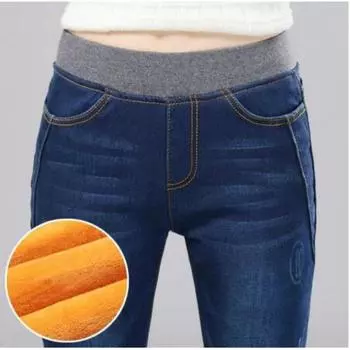 Зимние новые женские эластичные талии плюс бархатные утолщенные длинные джинсы брюки - Готовые к продаже 27 чёрный