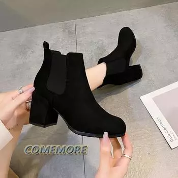 Зимние новые женские ботинки челси из флока с круглым носком, на толстом каблуке, элегантные ботильоны в стиле ретро, женские повседневные свадебные туфли, черные 35 чёрный