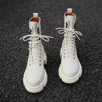 Зимние новые женские ботинки на шнуровке с круглым носком и толстой подошвой из натуральной кожи черного и белого цвета, универсальная обувь на платформе 5