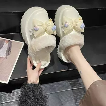 Зимние новые женские домашние тапочки 2024 года, модная обувь на платформе для дома и улицы, удобные женские хлопковые тапочки с рисунком большого размера 36 бежевый