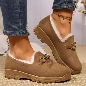 Зимние новые женские модные повседневные плюшевые теплые и морозостойкие мокасины с металлическим декором, короткие хлопковые сапоги для отдыха на природе 2024 года 36 чёрный