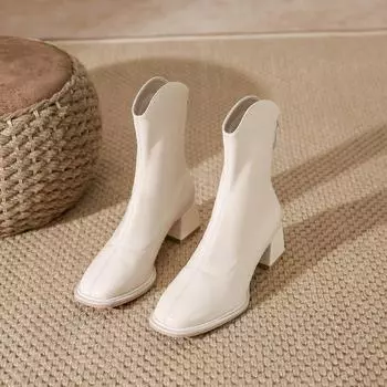 Зимние новые женские сапоги 2024 года с бархатом снаружи для тепла, на молнии сзади, на высоком каблуке, удобные короткие сапоги для женщин 35 бежевый