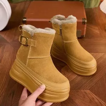 Зимние новые женские сапоги для снега 2024 года, увеличивающие рост, с толстой подошвой, короткие, утепленные и бархатные, женские сапоги 35 чёрный