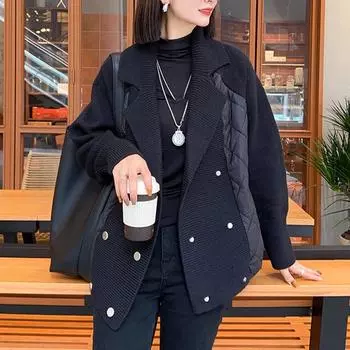 Зимние новые женские свитера пальто с лацканами и пуговицами пэчворк ватное пальто вязаная куртка поддельный свитер из двух частей One Size чёрный