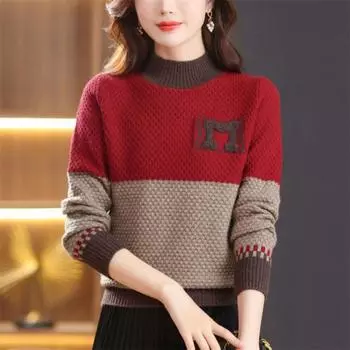 Зимние новые женские свободные повседневные свитера в стиле бохо-шик, повседневные офисные женские однотонные с круглым вырезом в стиле пэчворк, цветные блоки, женская одежда S красный