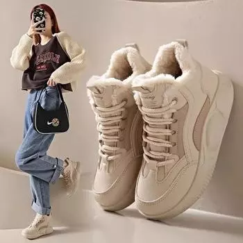 Зимние новые женские зимние ботинки 2024 года с флисовой подкладкой, утолщенные, теплые, с толстой подошвой, увеличенной высотой, спортивная обувь для папы, хлопковая обувь 40 хаки