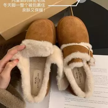 Зимние новые зимние сапоги 2024 года, модные шерстяные туфли с пряжкой на толстой подошве для женщин, теплые хлопковые туфли из кашемира с круглым носком 40 хаки