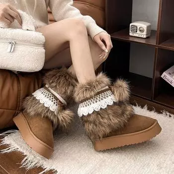Зимние новые зимние сапоги 2025 года, женские меховые сапоги в стиле ретро, женские роскошные толстые пушистые меховые сапоги из искусственного меха со шнуровкой, водонепроницаемые теплые сапоги до середины икры 35