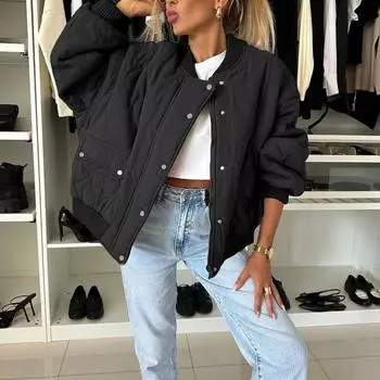 Зимние однобортные укороченные хлопковые куртки женские с длинным рукавом модные толстые пальто с круглым вырезом элегантные теплые однотонные свободные пиджаки 2XL чёрный