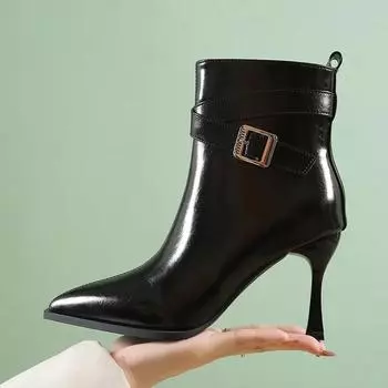 Зимние однотонные ботинки с острым носком и пряжкой 2024 года, горячая распродажа, новые женские ботинки с боковой молнией, модные туфли на тонком каблуке для женщин 34