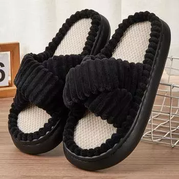 Зимние однотонные льняные тапочки, женские домашние тапочки, с открытым носком, с перекрестной полосой, льняные подошвы, домашние шлепанцы, нескользящие домашние тапочки на платформе 36-37