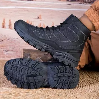 Зимние осенние теплые ботинки для мужчин на шнуровке, нескользящие, водонепроницаемые, рабочие ботинки до щиколотки, армейские ботинки, мужские ботинки для спорта на открытом воздухе, прогулок, походов, с высоким берцем 36 чёрный